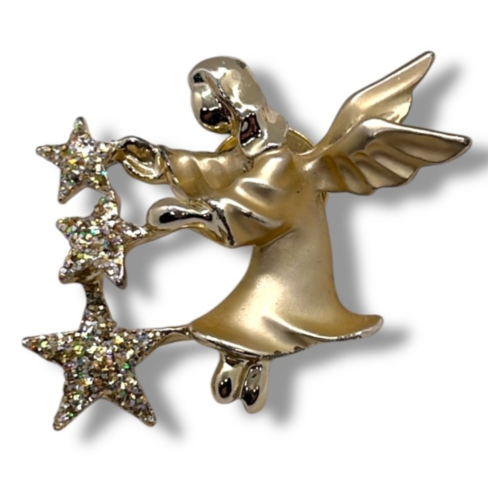 Angel Brooch Gold Tone Pin with Glitter Stars Gigi Giusti Holiday Christmas